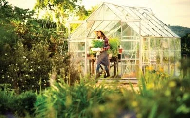 Woman outside small greenhouse
