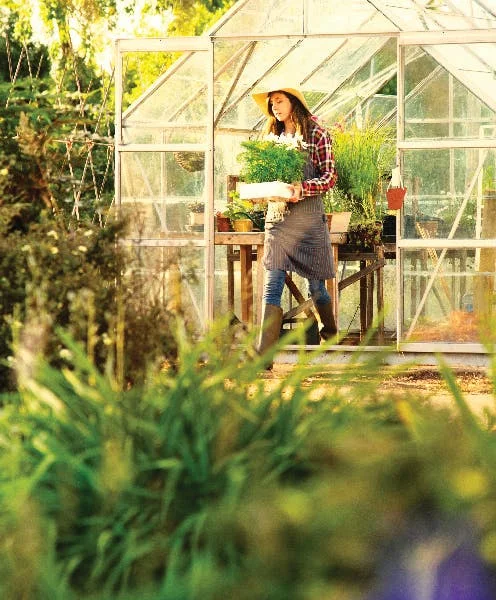 Woman outside small greenhouse